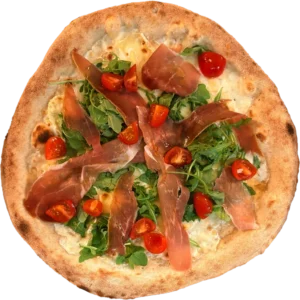 Pizza Camembert avec crème fraîche, mozzarella, camembert, roquette, jambon de pays, tomates fraîches et miel – Pizza Tassoni Gratentour
