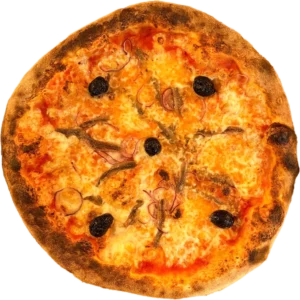 Pizza Napo avec sauce tomate, mozzarella, oignons et anchois – Pizza Tassoni Gratentour