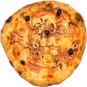 Pizza Paysanne avec sauce tomate, mozzarella, oignons, jambon, lardons et champignons – Pizza Tassoni Gratentour