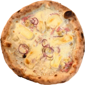 Pizza Savoyarde avec crème fraîche, mozzarella, lardons, oignons, pommes de terre et reblochon – Pizza Tassoni Gratentour
