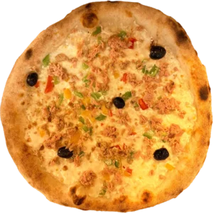 Pizza Thonine avec crème fraîche, mozzarella, thon, poivrons et olives – Pizza Tassoni Gratentour