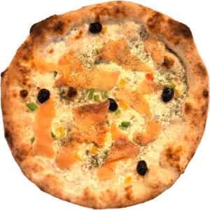Pizza Baltique avec crème fraîche, mozzarella, poivrons et saumon fumé – Pizza Tassoni Gratentour