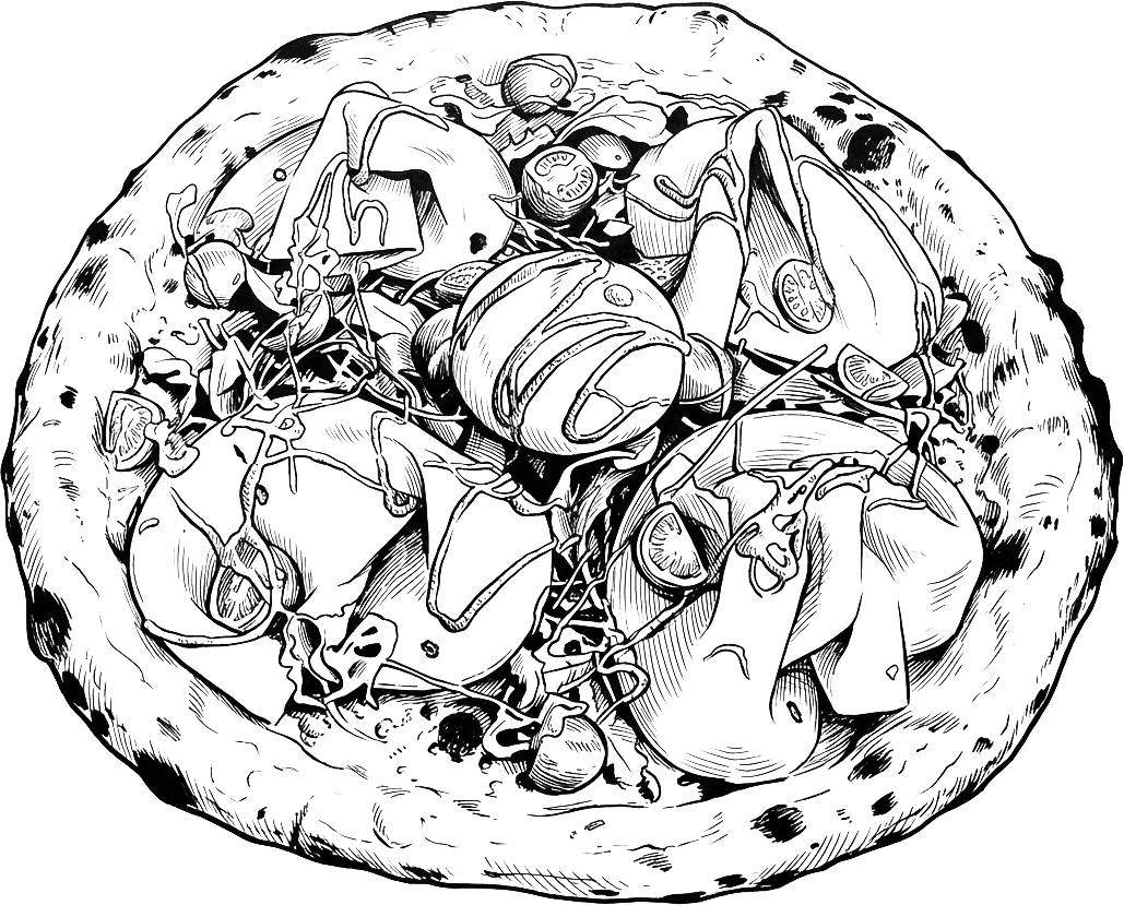 Illustration en noir et blanc d’une pizza artisanale avec légumes, fromage et garniture – Pizza Tassoni Gratentour