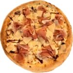 Pizza Dolce avec crème fraîche, mozzarella Fior di latte, champignons, jambon cru dolce italien, parmesan et crème balsamique à la truffe