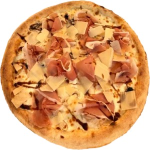 Pizza Dolce avec crème fraîche, mozzarella Fior di latte, champignons, jambon cru dolce italien, parmesan et crème balsamique à la truffe