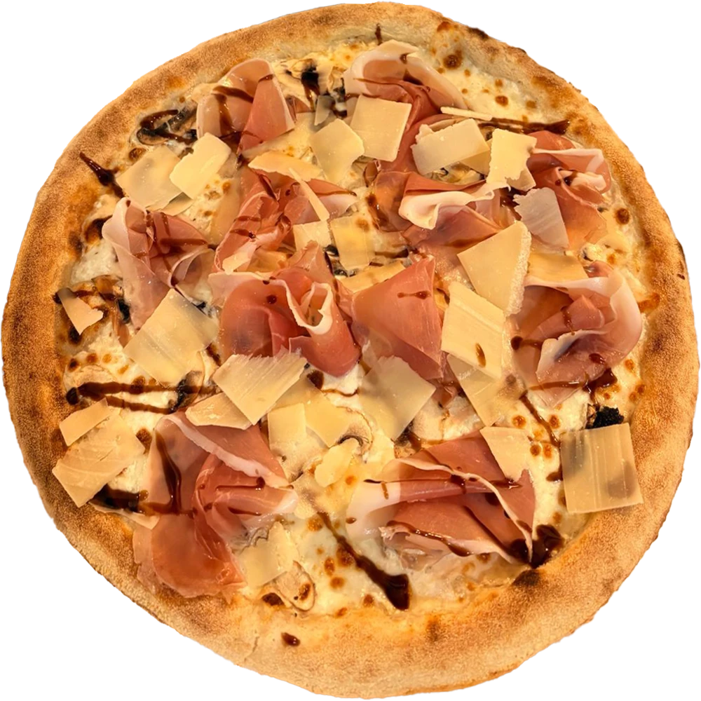 Pizza Dolce – crème fraîche, mozza FDL, champignons, jambon cru dolce italien, parmesan et crème balsamique à la truffe.